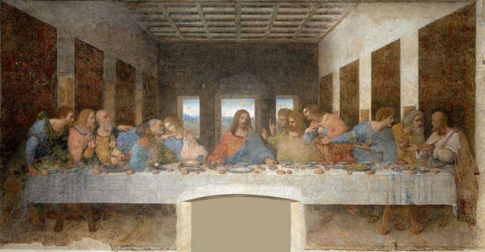 レオナルド《最後の晩餐》の現在の姿。画面全体の絵の具がかすれ、ところどころ失われている