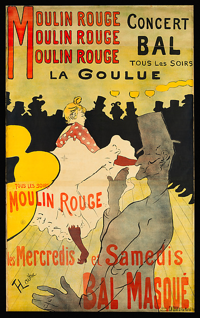 アンリ・ド・トゥールーズ＝ロートレックのポスター《ムーラン・ルージュ：ラ・グリュ》。1891年の4色リトグラフで、踊り子と観客の黒いシルエットが大胆な平面で刷られている。